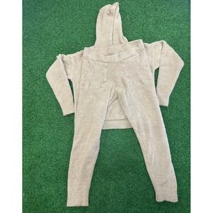 Rose + Vine Womens Tan Fuzzy Popcorn Knit Hoodie and Jogger Lounge Set L-XL